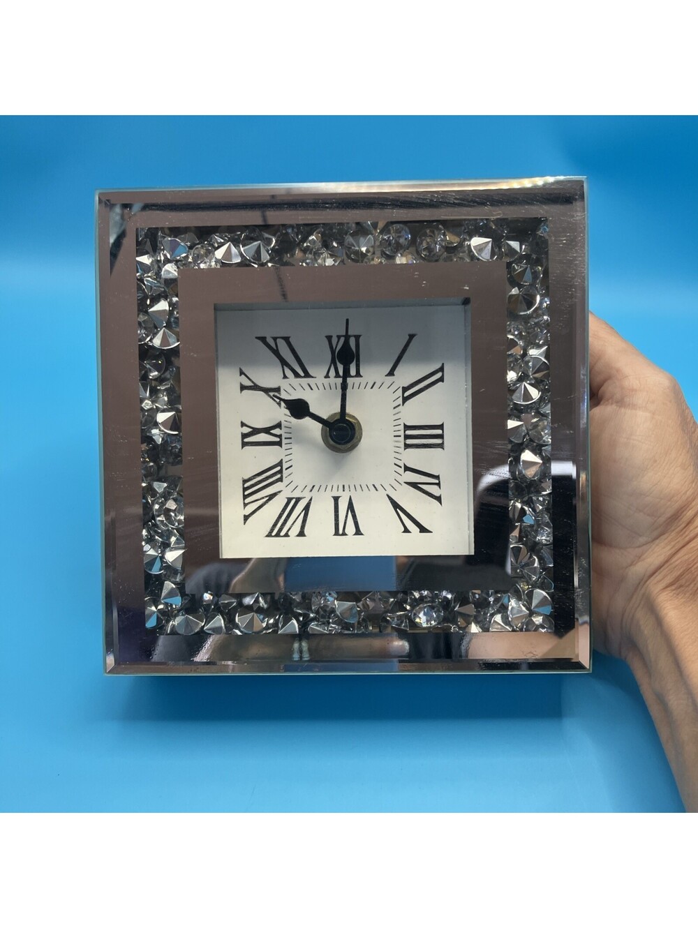 Crystal Crush Diamond Mirrored Square Wall Clock With Sparkle Twinkle Bling 6x6